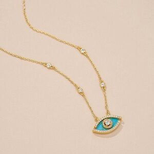 18K Gold Evil Eye Green Malachite Natural Stone CZ Oval Round Necklace